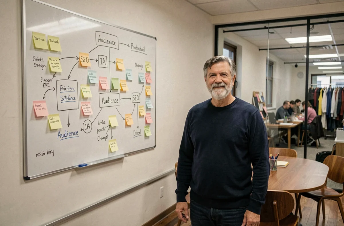 Consultant en stratégie de contenu devant un tableau de planification éditoriale dans une agence créative