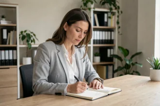 Professionnelle en blazer gris notant les premières étapes d'une stratégie digitale dans un carnet, assise à un bureau en bois moderne dans un open space contemporain
