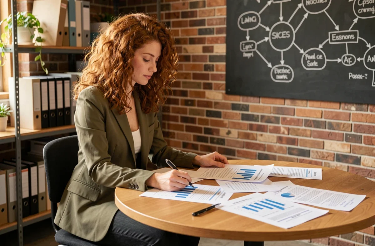 Jeune femme consultant des rapports de données dans un espace de coworking