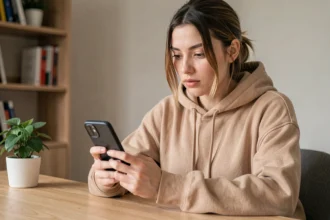 Jeune femme consultant TikTok sur son smartphone dans un bureau à domicile minimaliste, illustrant le thème du prix des vues sur TikTok