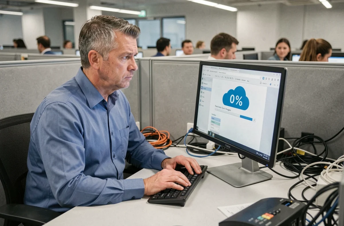 Homme au bureau d'entreprise face à un problème de synchronisation de fichiers cloud