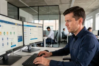 Professionnel en cybersécurité analysant des tableaux de bord de contrôle d'accès Zero Trust sur deux écrans dans un bureau moderne