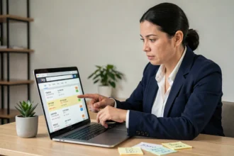Une professionnelle du marketing digital analysant les résultats de référencement sur un ordinateur portable dans un bureau moderne