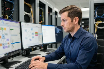 Technicien informatique configurant les protocoles de messagerie SMTP IMAP et POP3 sur un réseau d'entreprise