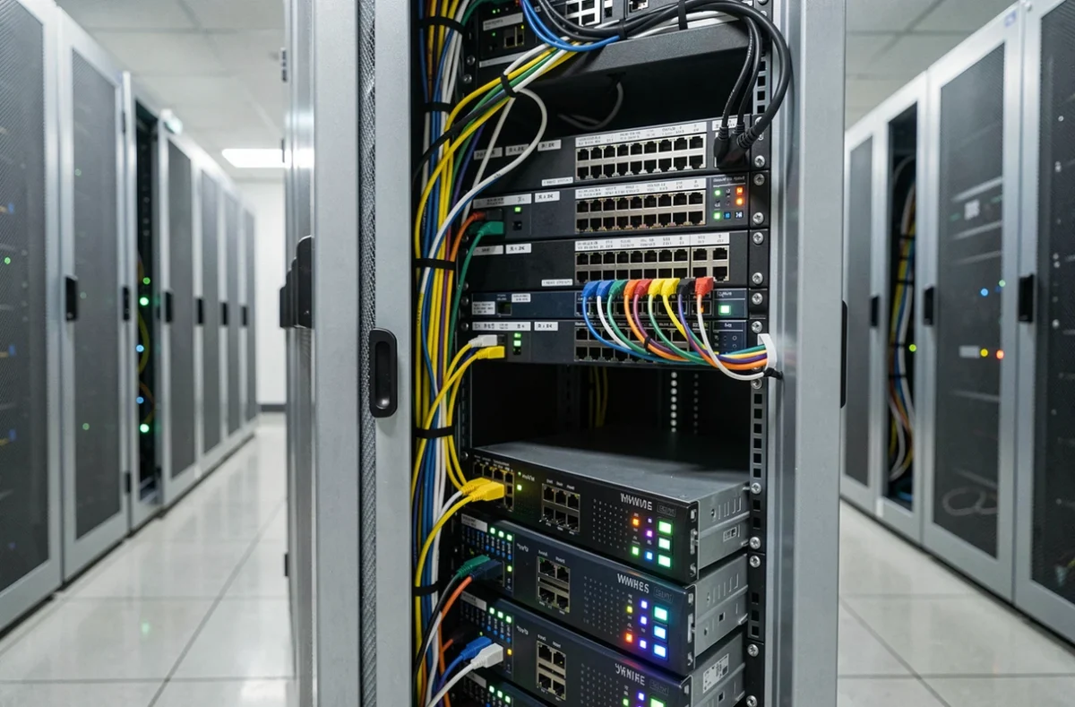 Rack de serveurs physiques dans un datacenter professionnel représentant une infrastructure de cluster Kubernetes on-premise avec câblage réseau et équipements visibles