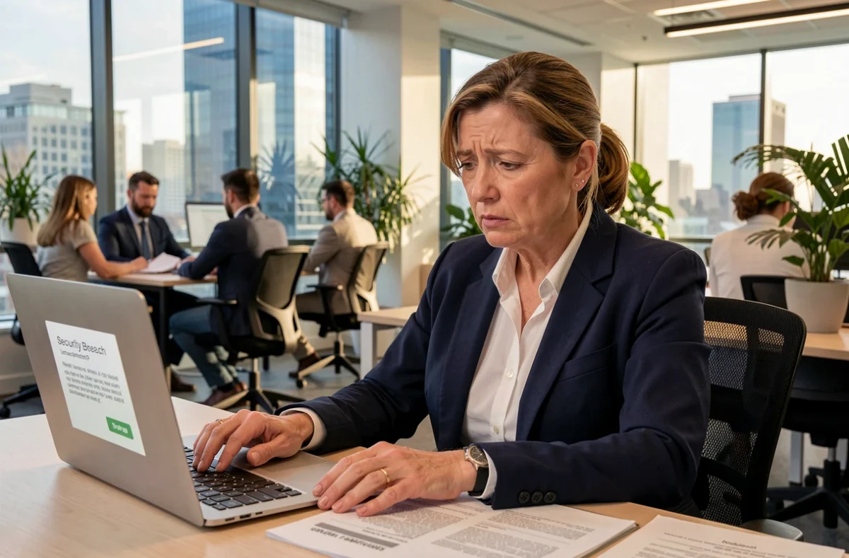 Responsable informatique découvrant une faille de sécurité sur son ordinateur portable au bureau