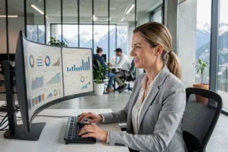 Data analyst femme en Suisse analysant des données sur un écran dans un bureau moderne à Zurich