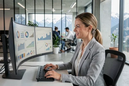 Data analyst femme en Suisse analysant des données sur un écran dans un bureau moderne à Zurich