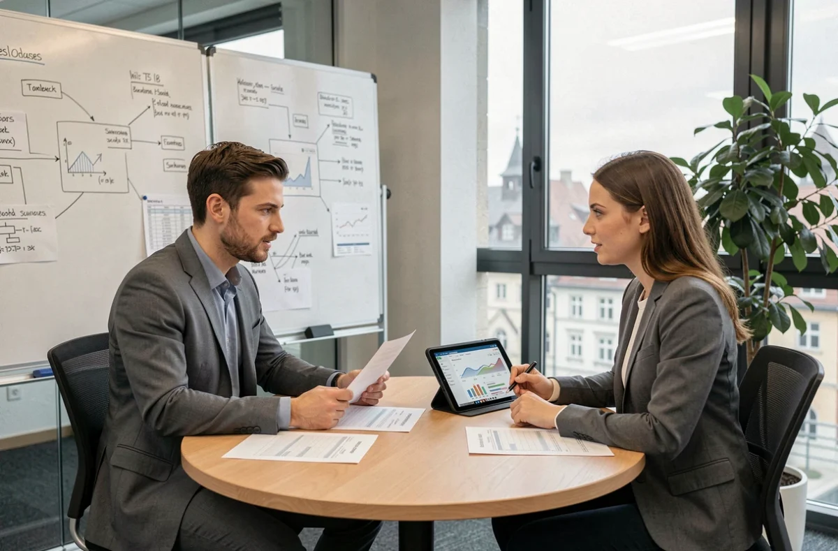 Deux data analysts en réunion dans une salle de conférence vitrée à Bâle, examinant des rapports de salaires et des tableaux de bord de données