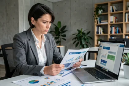 Professionnelle du marketing digital comparant des données SEO à une interface d'intelligence artificielle sur un écran d'ordinateur portable dans un bureau moderne