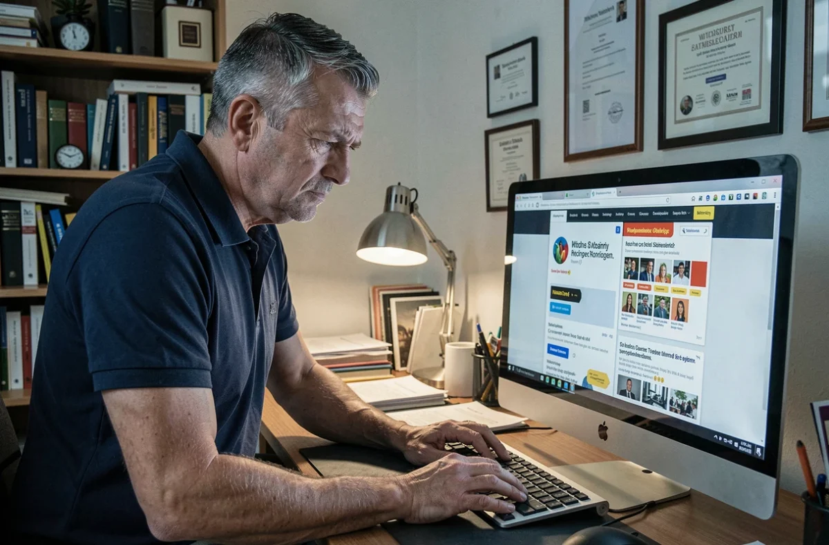 Homme méfiant face à un site e-commerce suspect affiché sur un écran d'ordinateur de bureau
