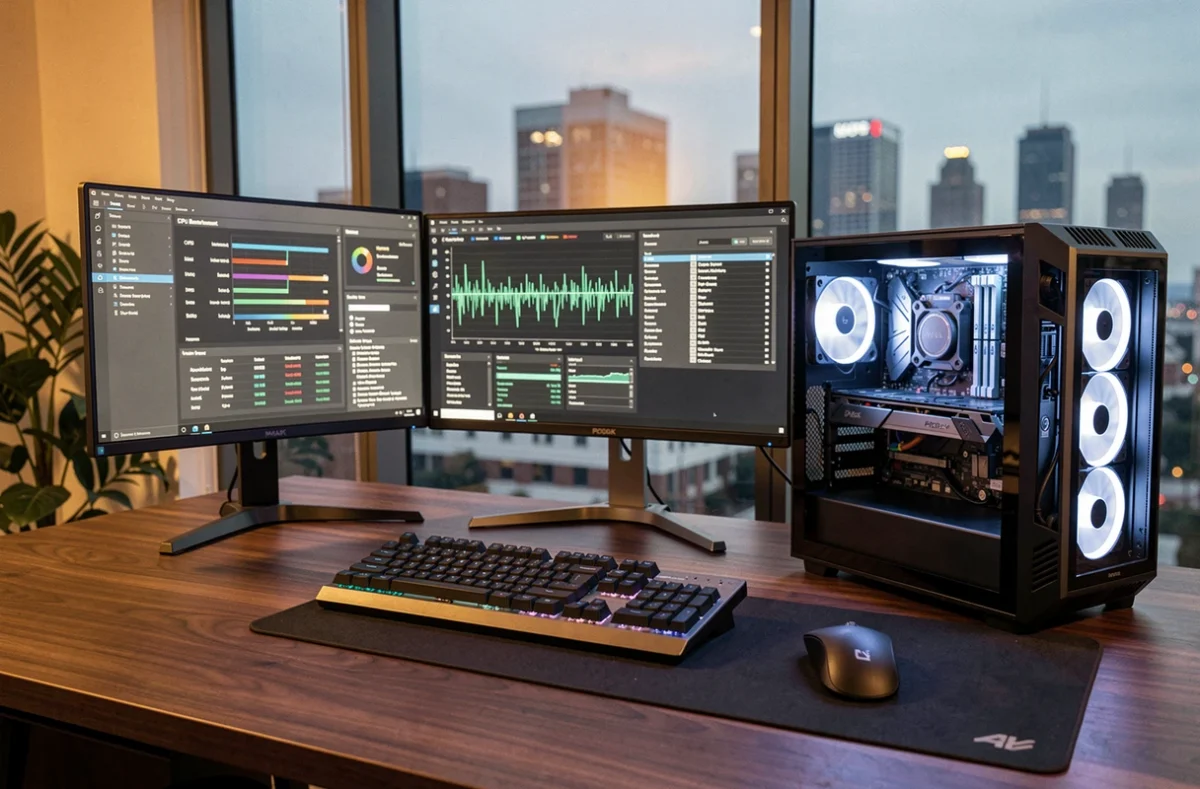 Station de travail haut de gamme avec trois écrans 4K affichant des logiciels de benchmark de performances pour PC