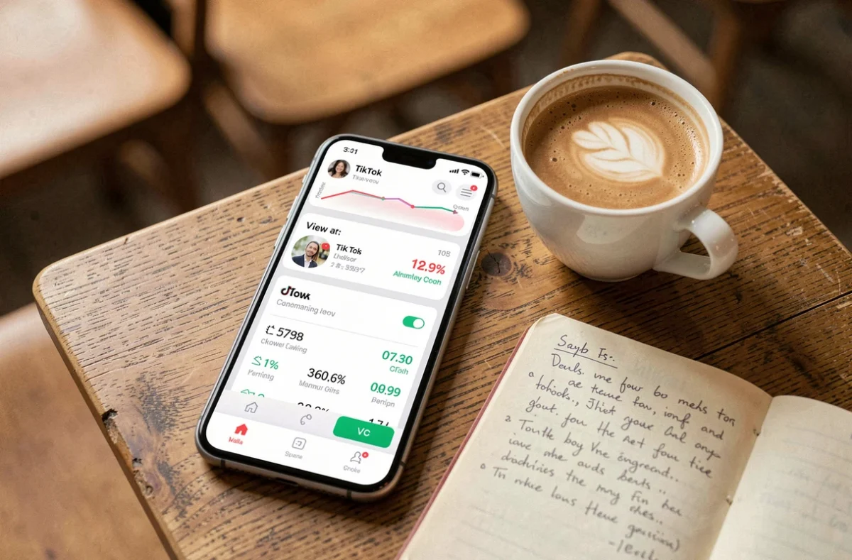 Gros plan d'un écran de smartphone affichant des statistiques de vues TikTok posé sur une table en bois avec un café et un carnet, illustrant l'analyse du prix des 100 000 vues