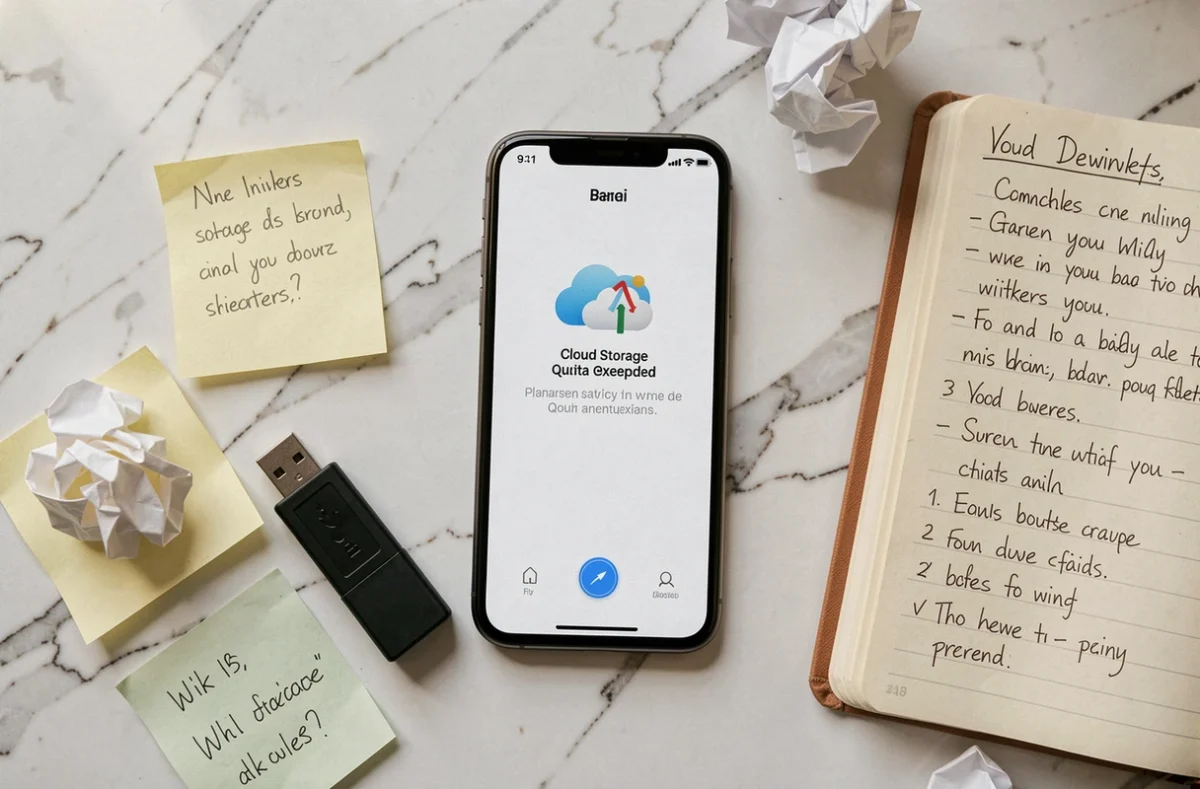 Smartphone affichant une notification de stockage cloud plein posé sur un bureau minimaliste