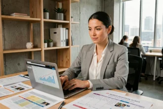 Responsable de contenu digital analysant des stratégies éditoriales sur son bureau dans un bureau moderne en 2026