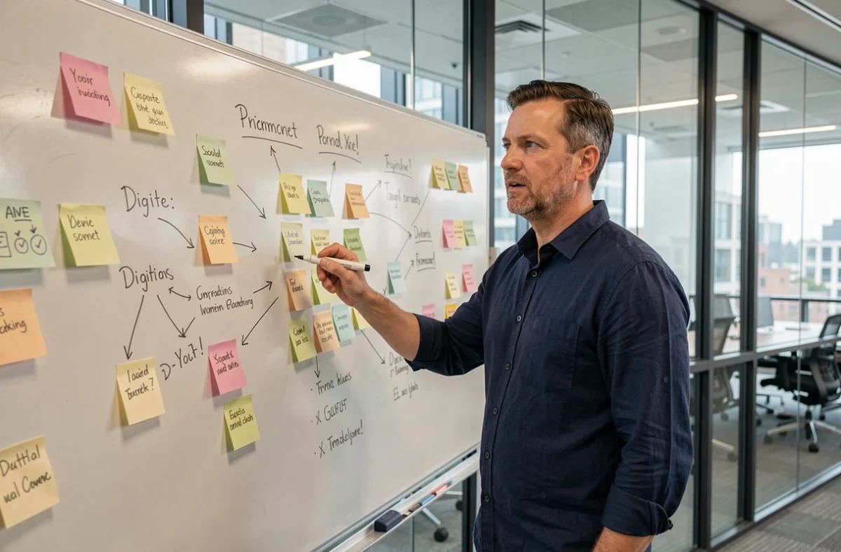 Manager masculin debout devant un tableau blanc rempli de post-it et de mots-clés illustrant la construction d'une stratégie digitale en salle de réunion