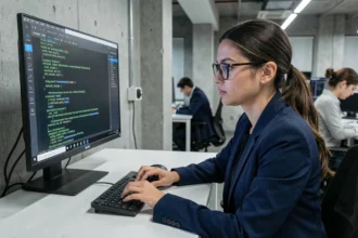 Développeuse informatique analysant un système d'exploitation sécurisé sur un écran terminal dans un bureau moderne