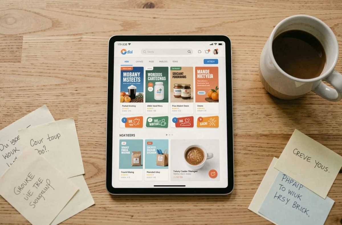 Tablette affichant des recommandations publicitaires personnalisées posée sur une table en bois avec des notes manuscrites