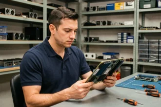 Technicien informatique tenant une carte mère ATX dans un atelier de réparation, illustrant la configuration BIOS UEFI et mode Legacy