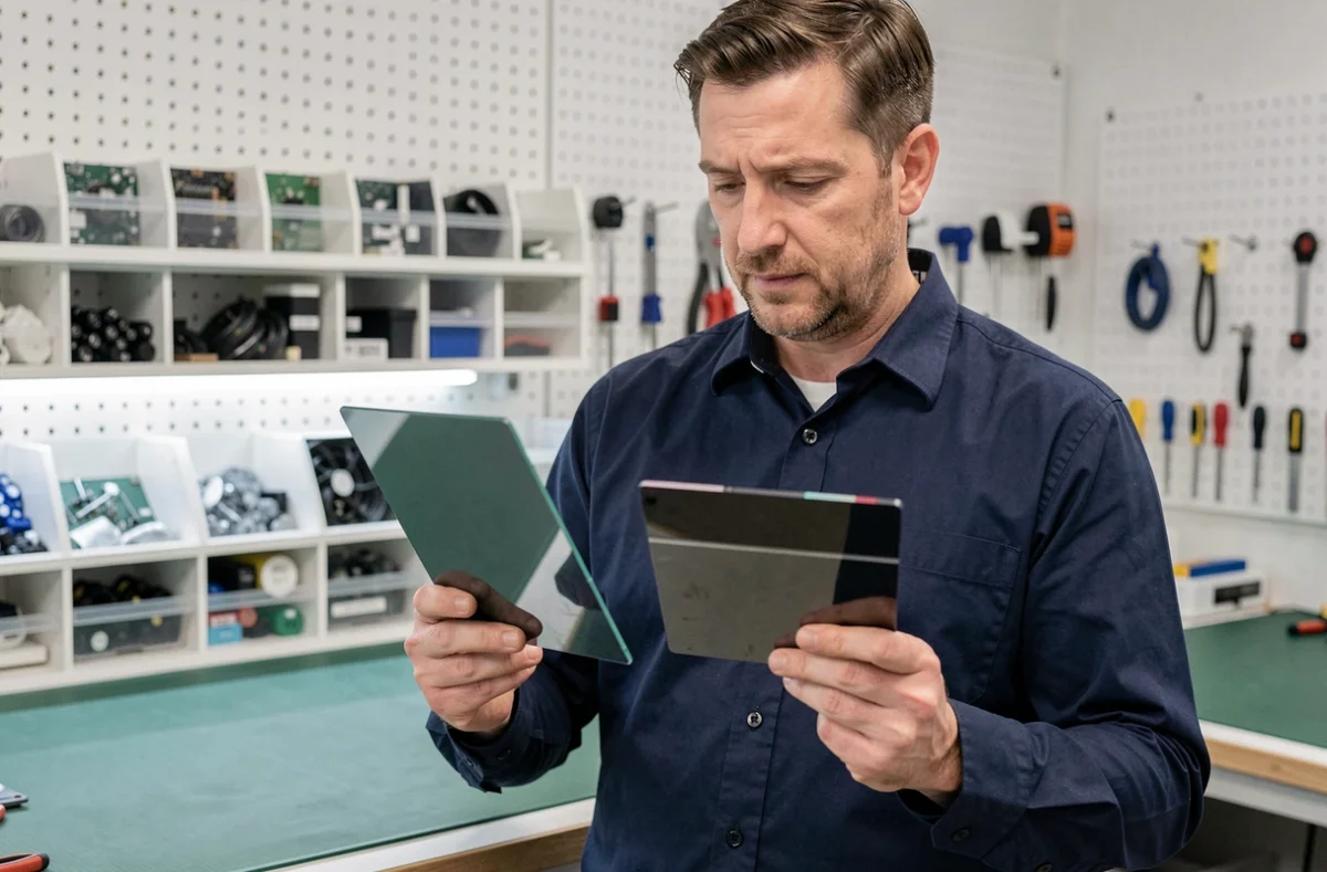 Technicien en électronique comparant des panneaux OLED et mini LED dans un atelier professionnel