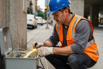 Technicien télécom installant un câble fibre optique dans un boîtier de jonction en milieu urbain