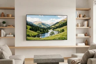 Téléviseur 4K UHD 2160p monté au mur dans un salon minimaliste scandinave avec affichage d'un paysage en haute résolution