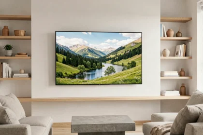 Téléviseur 4K UHD 2160p monté au mur dans un salon minimaliste scandinave avec affichage d'un paysage en haute résolution
