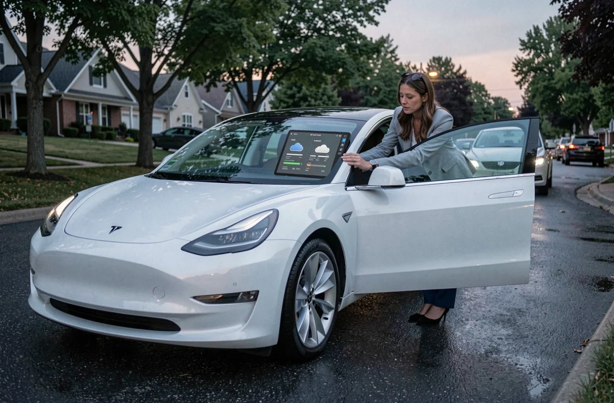 Conductrice Tesla Model 3 interagissant avec l'interface de mise à jour cloud sur l'écran tactile du véhicule dans une rue résidentielle
