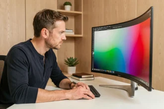 Homme testant un écran ultra-large courbe haute performance dans un bureau moderne minimaliste