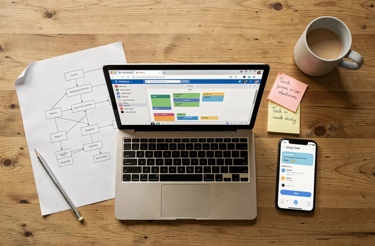 Vue aérienne d'un bureau avec interface logicielle d'automatisation, organigramme imprimé et notes manuscrites